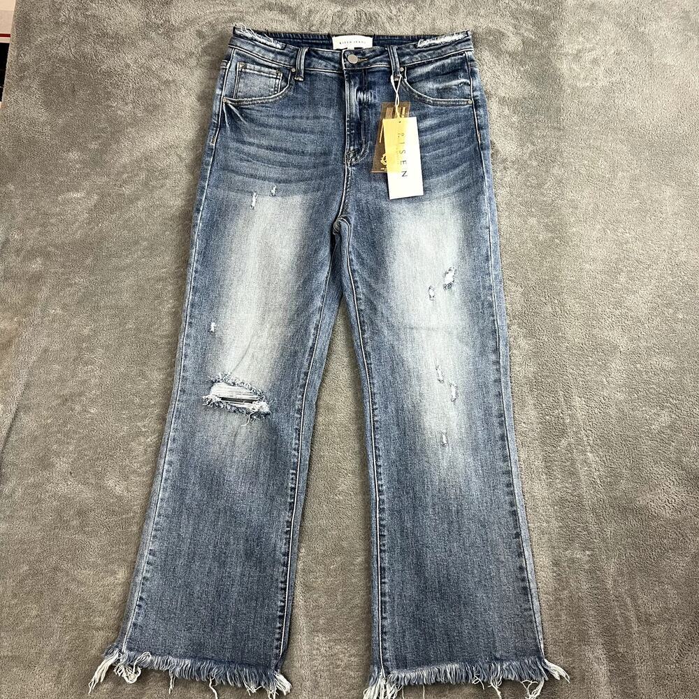 Risen High Rise Raw‎ Hem Bootcut Jeans Womens 13 31 Light Wash NWT